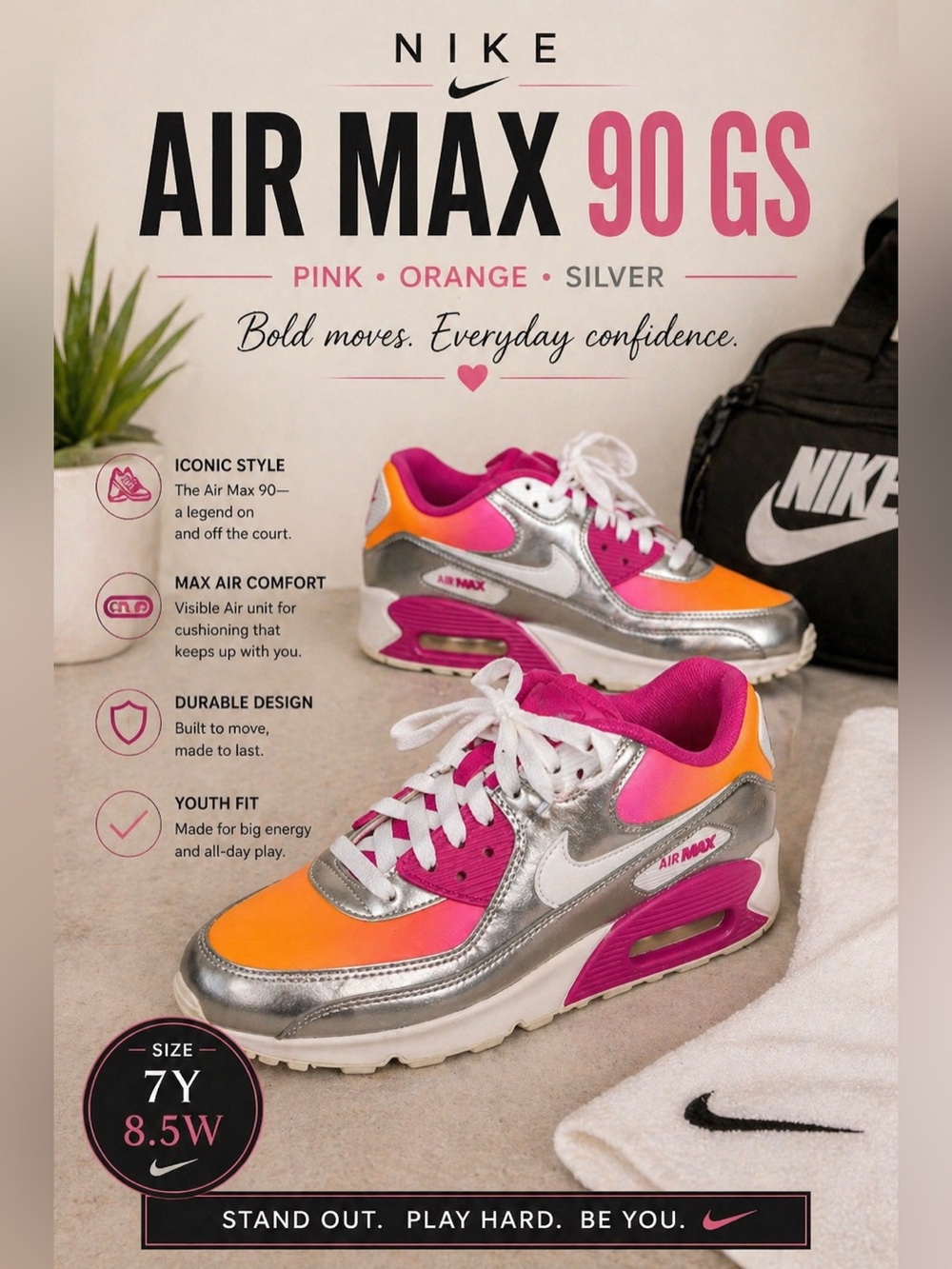 Nike Air Max 90 GS Pink Orange Silver Youth Sneakers